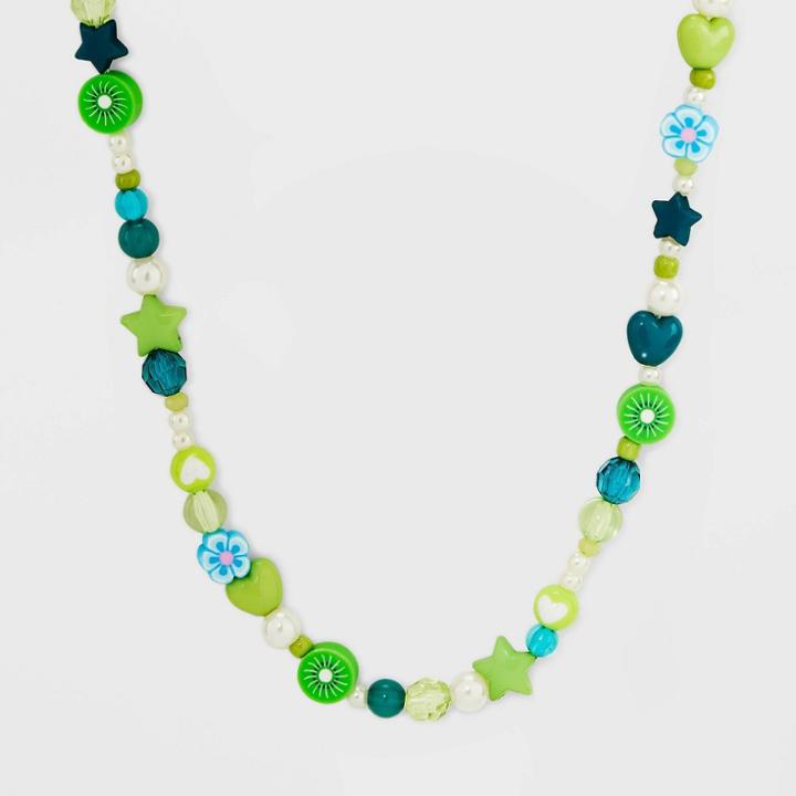 Mixed Bead And Simulated Pearl Necklace - Wild Fable Green