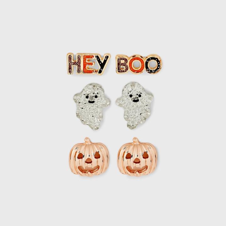 No Brand Halloween Ghost Pumpkin And Hey Boo Stud Earring Trio Set - Rose Gold