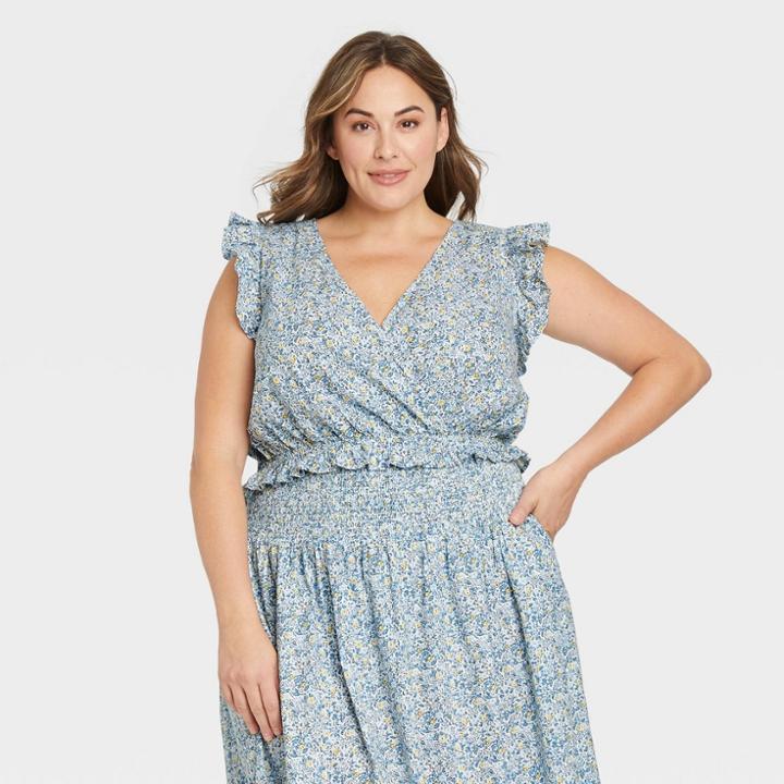 Women's Plus Size Flutter Sleeveless Cropped Wrap Top - Universal Thread Blue Floral