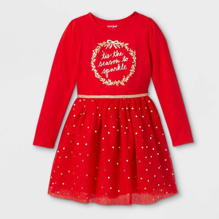 Girls' Christmas Season To Sparkle Long Sleeve Dress - Cat & Jack Red