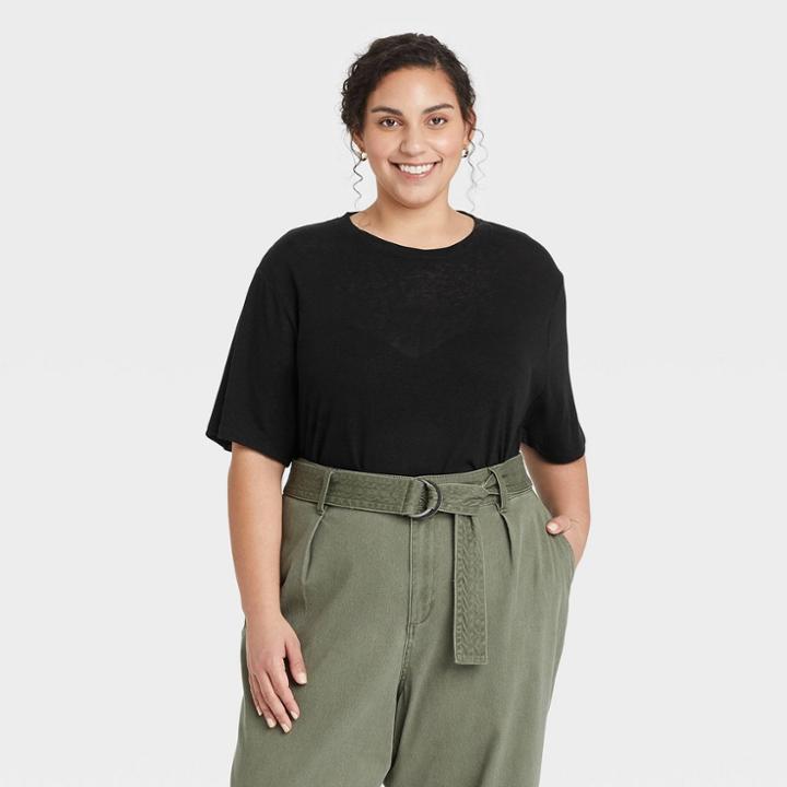 Women's Plus Size Short Sleeve Linen T-shirt - A New Day Black