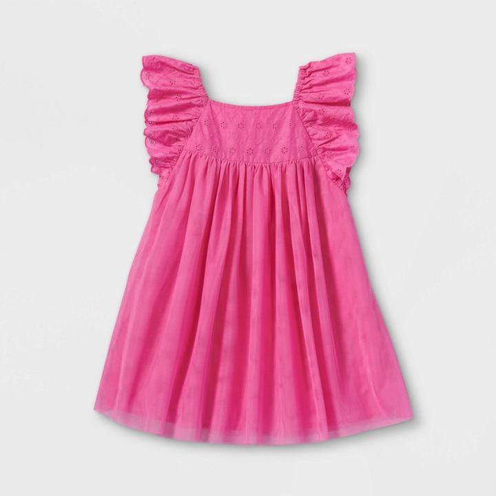 Toddler Girls' Ruffle Sleeve Eyelet Tutu Dress - Cat & Jack Bright Pink