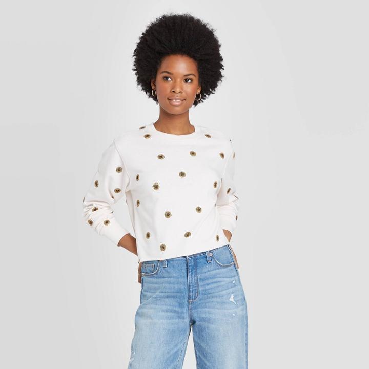 Women's Embroidered Daisy Cropped Sweatshirt - Mighty Fine (juniors') - Cream Xs, Women's, Beige