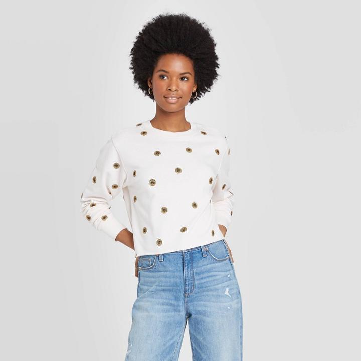 Women's Embroidered Daisy Cropped Sweatshirt - Mighty Fine (juniors') - Cream Xs, Women's, Beige