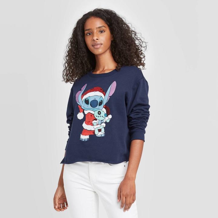 Disney Women's Santa Stitch Ugly Holiday Graphic Sweatshirt - Navy