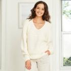 Women's Balloon Sleeve V-neck Pullover Sweater - Universal Thread White
