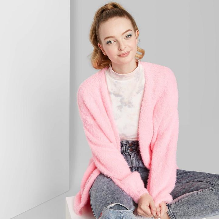 Women's Long Sleeve Open Neck Fuzzy Cardigan - Wild Fable Pink