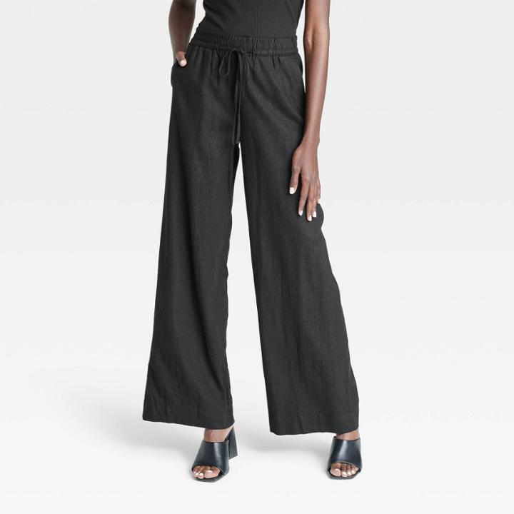 Women's High-rise Wide Leg Linen Pull-on Pants - A New Day Black
