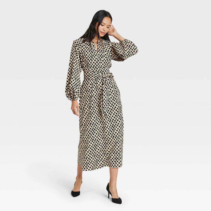 Women's Polka Dot Balloon Long Sleeve Kaftan Dress - Who What Wear Khaki