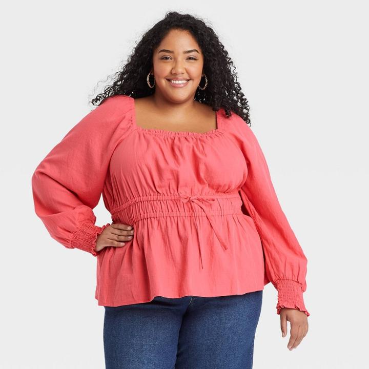 Women's Plus Size Long Sleeve Peplum Top - Ava & Viv Coral Red X