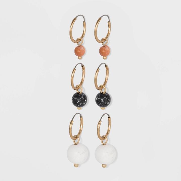 Semi-precious Black Howlite, White Howlite & Moonstone Multi Hoop Earring Set - Universal Thread , Women's,