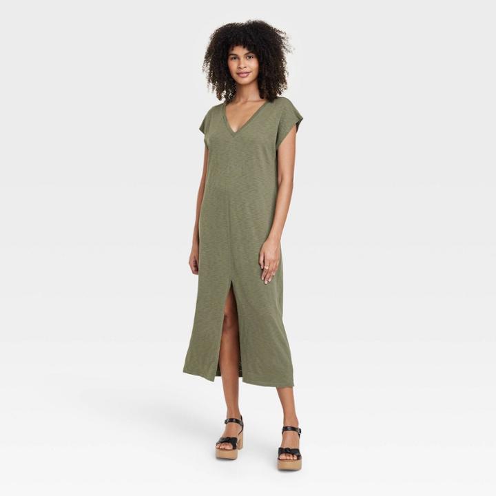 Women's Short Sleeve V-neck Knit Dress - Universal Thread Green