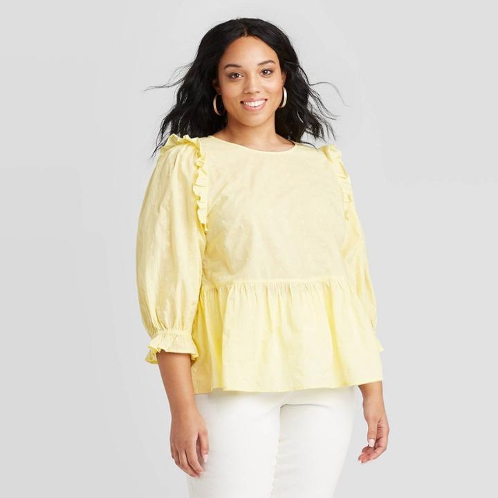 Women's Plus Size 3/4 Sleeve Crewneck Embroidered Ruffle Top - Universal Thread Yellow 1x, Women's,