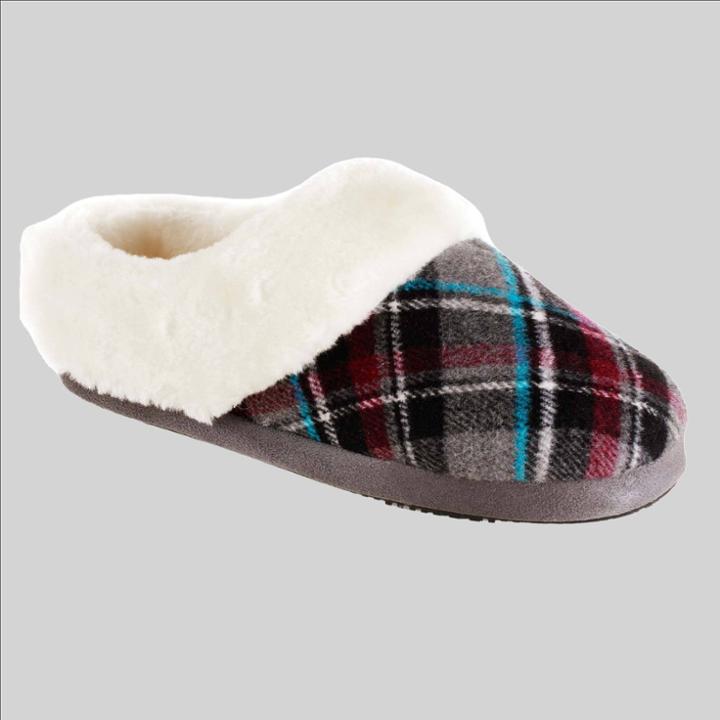 Isotoner Women's Plaid Page Hoodback Slippers - Charcoal Gray