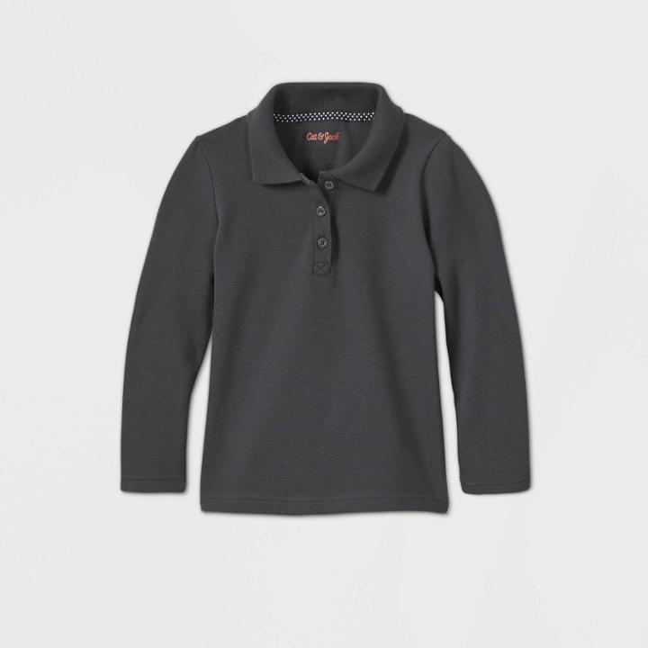 Toddler Girls' Long Sleeve Interlock Uniform Polo Shirt - Cat & Jack Charcoal Gray