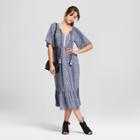 Women's Short Sleeve Pom Trim Printed Midi Dress - Knox Rose Slate Blue M,