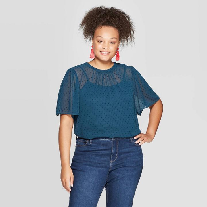 Women's Plus Size Flutter Short Sleeve Crewneck Blouse - Ava & Viv Dark Green X