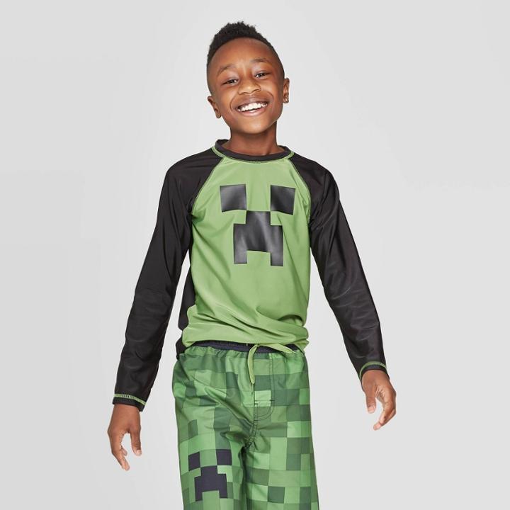 Boys' Minecraft Long Sleeve Rash Guard - Green Xs, Boy's, Black