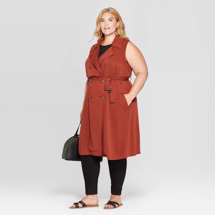 Women's Plus Size Sleeveless Trench Coat - Ava & Viv Brown X