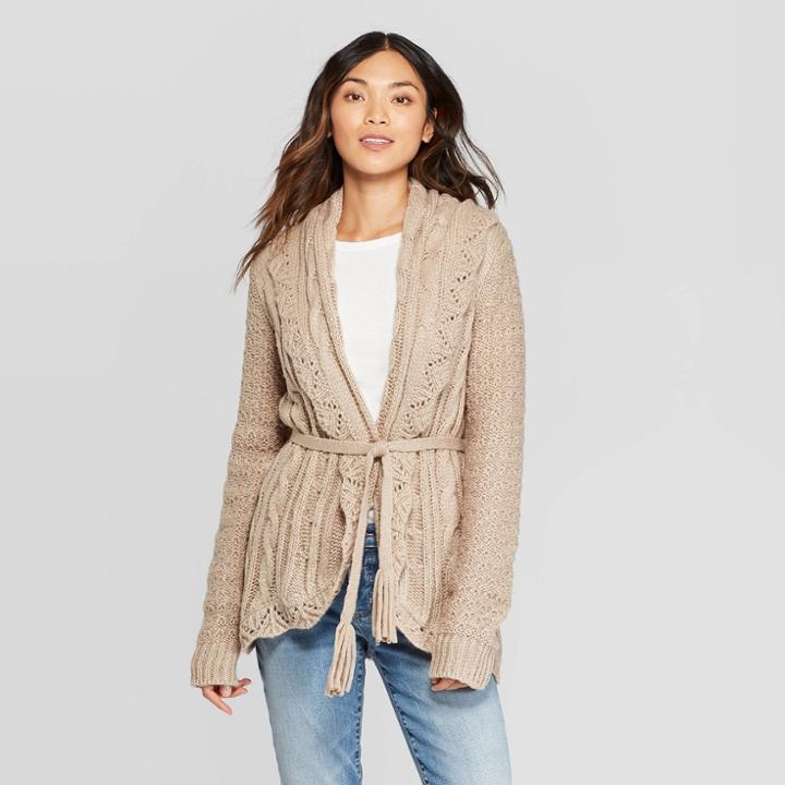 Women's Long Sleeve Open Tie Front Open Cardigan - Knox Rose Beige Xl, Women's, Gray