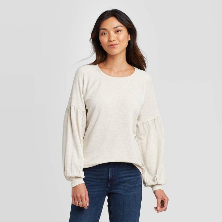 Women's Balloon Long Sleeve Crewneck Blouse - Knox Rose Oatmeal Xs, Women's, Beige
