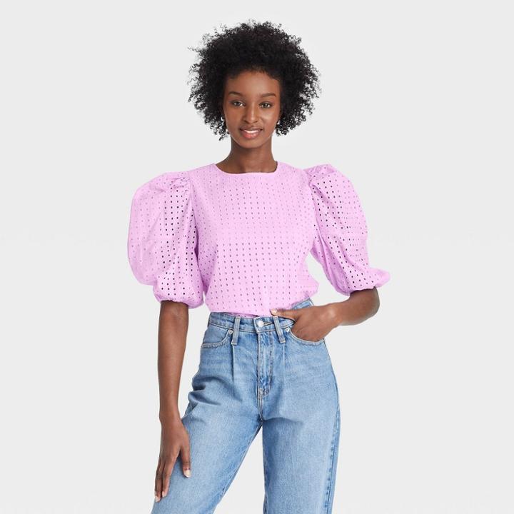 Women's Short Puff Sleeve Eyelet Top - A New Day Light Purple