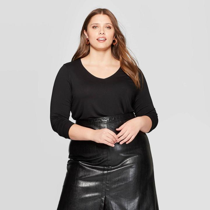 Women's Plus Size Long Sleeve V-neck T-shirt - Ava & Viv Black 3x, Women's,