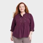 Women's Plus Size Bishop 3/4 Sleeve Embroidered Blouse - Knox Rose Plum Purple