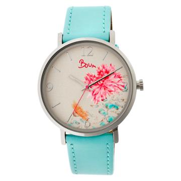 Women's Boum Mademoiselle Floral Dial Synthetic Leather Strap Watch- Powder Blue