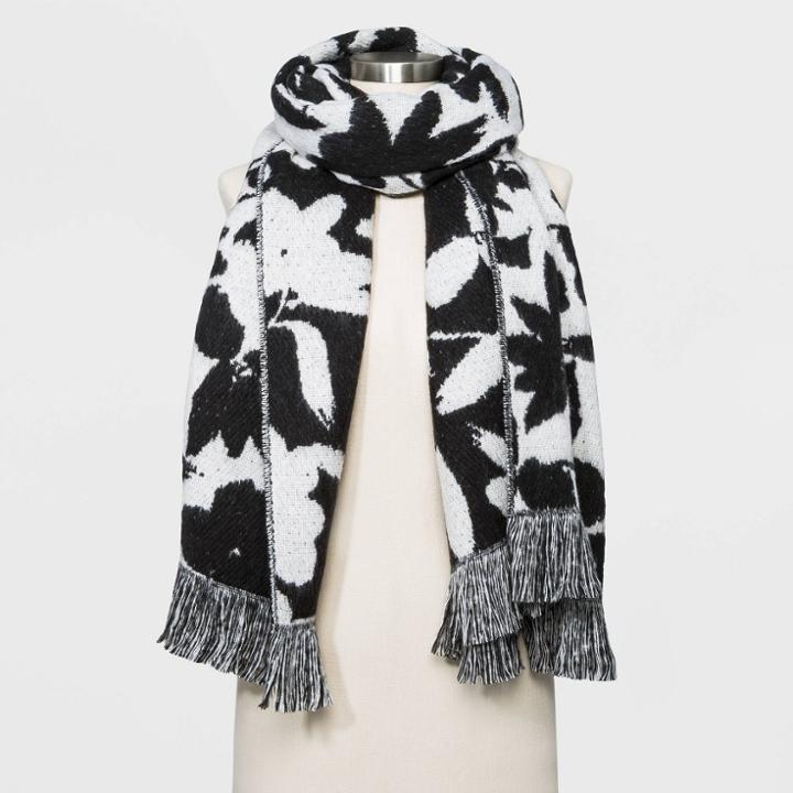 Women's Floral Blanket Scarf - A New Day Black