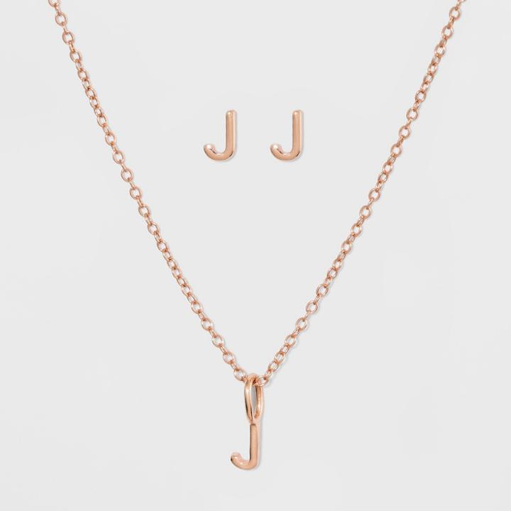 Sterling Silver Initial J Earrings And Necklace Set - A New Day Gold, Girl's, Gold - J