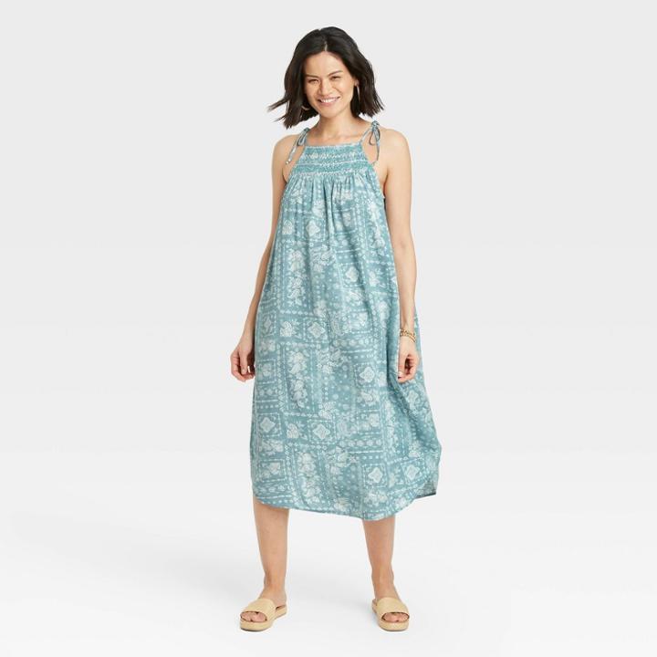Women's Sleeveless Tie-strap Smocked Dress - Knox Rose Teal Multi Burst S, Blue