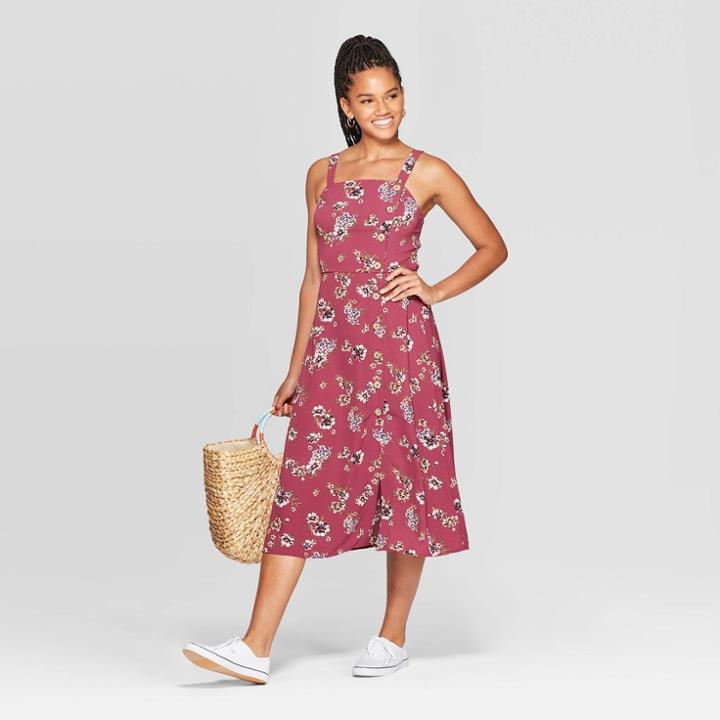 Women's Floral Print Sleeveless Square Neck Side Button Midi Dress - Xhilaration Plum
