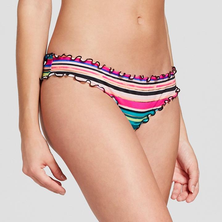 Women's Striped Wave Ruffle Cheeky Bikini Bottom - Shade & Shore Multi Stripe L,