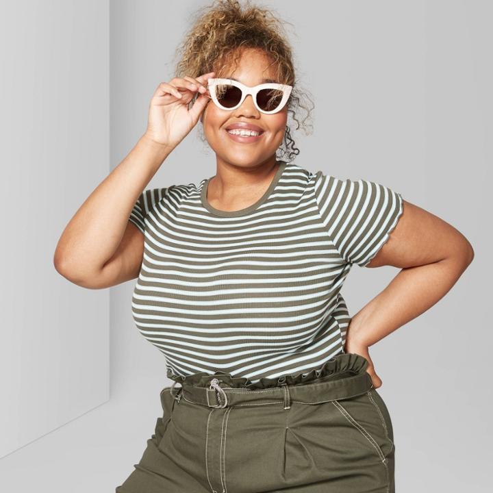 Women's Plus Size Striped Short Sleeve Scoop Neck Lettuce Edge Baby T-shirt - Wild Fable Olive 4x, Size: