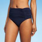 Women's Front Shirred Swim Bikini Bottom - Aqua Green Navy Blue