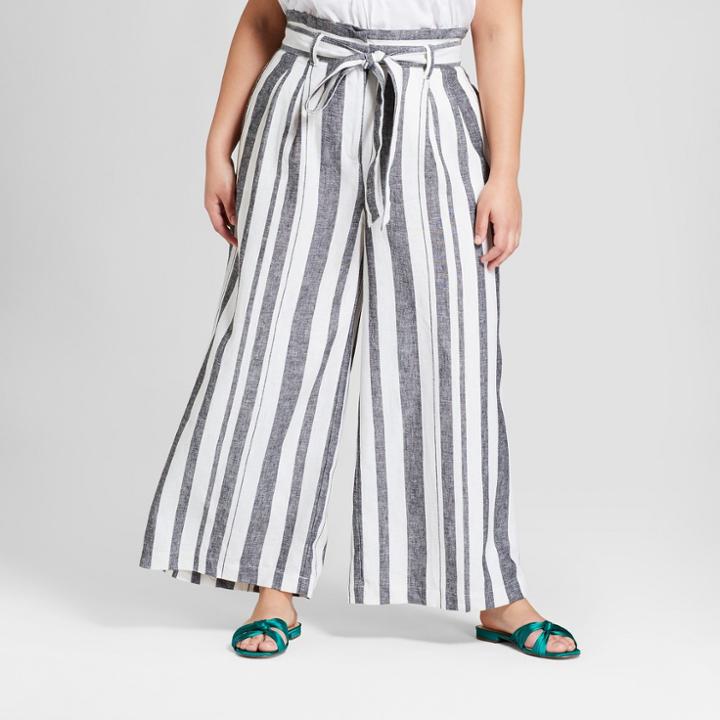 Women's Plus Size Striped Wide Leg Paperbag Pants - Who What Wear Black/white 22w, Black/white