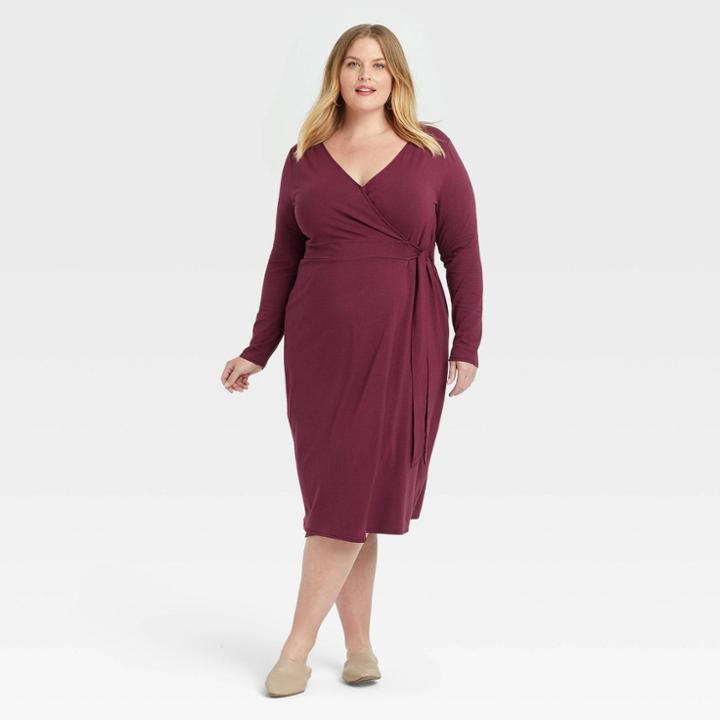 Women's Plus Size Long Sleeve Knit Wrap Dress - Ava & Viv Burgundy X, Red