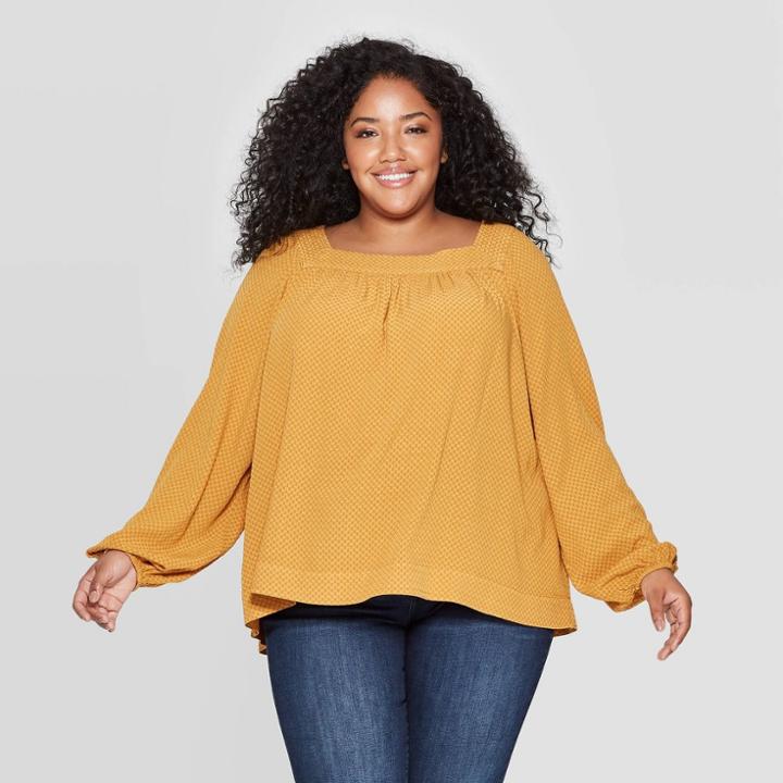 Women's Plus Size Long Sleeve Square Neck Top - Universal Thread Gold X