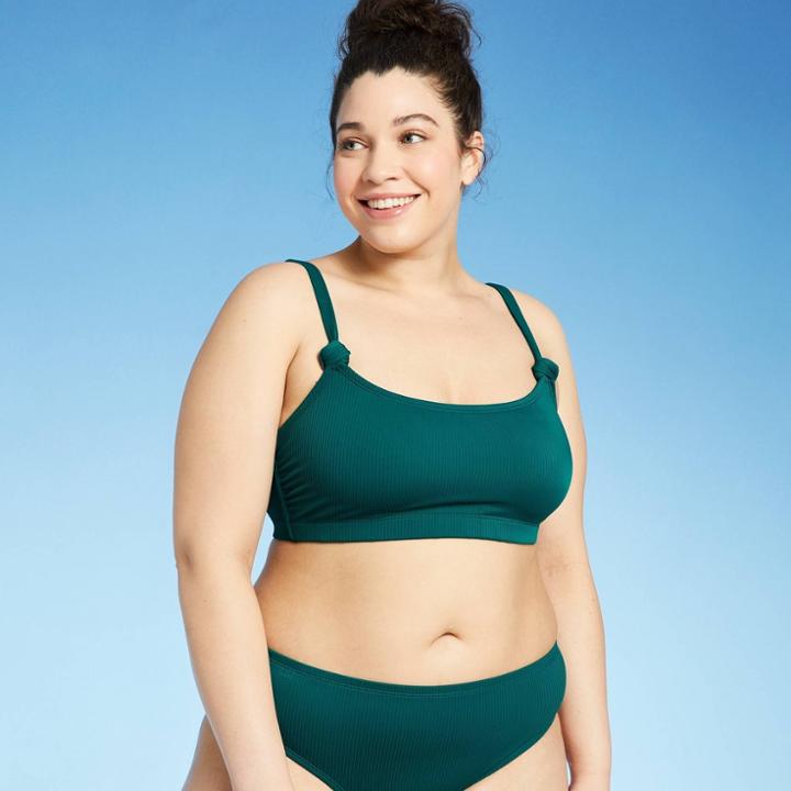 Juniors' Plus Size Ribbed Knot-strap Bralette Bikini Top - Xhilaration Teal Blue X
