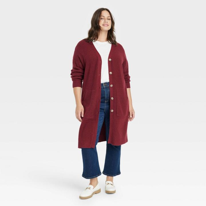Women's Plus Size Duster Cardigan - Ava & Viv Burgundy X, Red