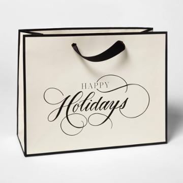 Cream With Black Happy Holidays Large Vogue Gift Bag - Sugar Paper , Beige Black