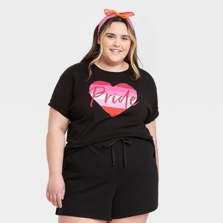 Ev Lgbt Pride Pride Gender Inclusive Adult Extended Size Lesbian Flag Heart Short Sleeve Graphic T-shirt - Black