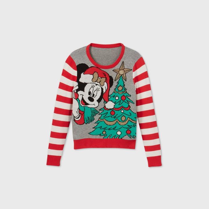 Girls' Disney Minnie Mouse Pullover Sweater - Gray/red