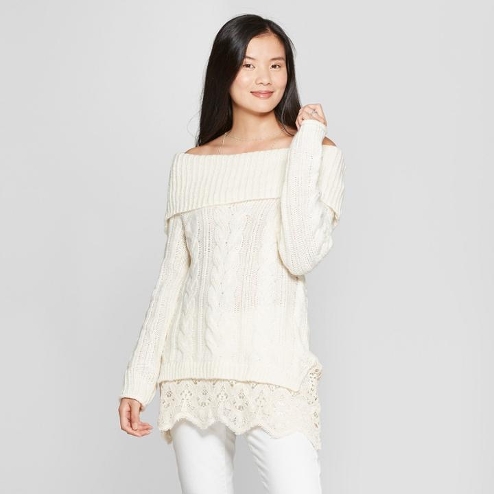 Women's Long Sleeve Twofer Marilyn Cable Knit Sweater - Knox Rose Ivory