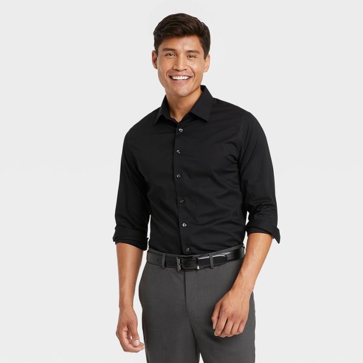 Men's Slim Fit Poplin Long Sleeve Button-down Shirt - Goodfellow & Co Black