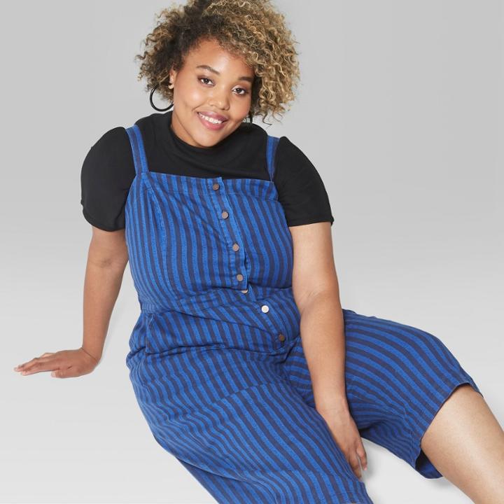 Women's Plus Size Strappy Button Front Striped Cropped Jumpsuit - Wild Fable Blue