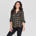 Women's Plaid Long Sleeve V-neck Button Front Shift Blouse With Lace Back Detail - Knox Rose Olive M, Women's, Size: