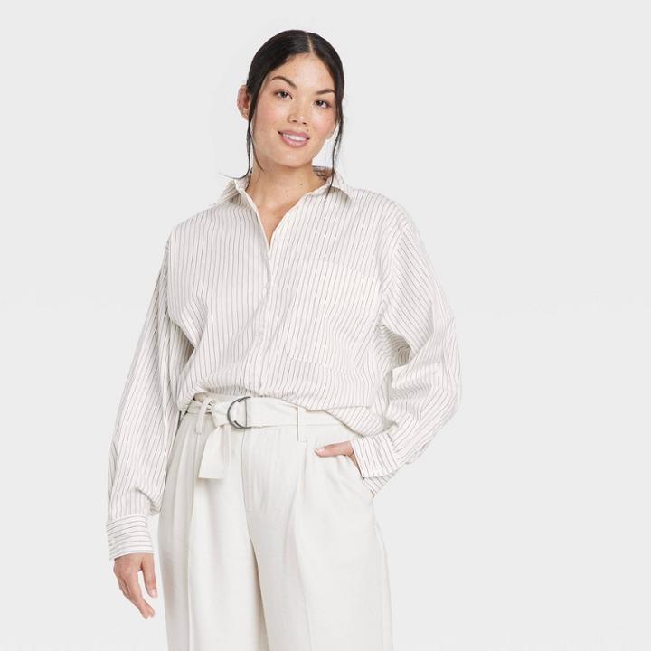 Women's Long Sleeve Button-down Shirt - A New Day Brown/white
