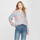 Women's Floral Print Long Sleeve Crepe Popover Blouse - A New Day Blue